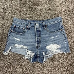 Levis 501 Cut Off Shorts Womens 32 Blue Button Fly Denim Jean Cheeky Daisy Duke